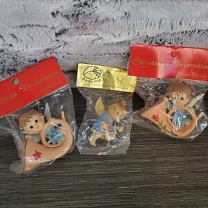 Vintage Angel Christmas Ornament Lot Of 3 Plastic French Horn Hong Kong